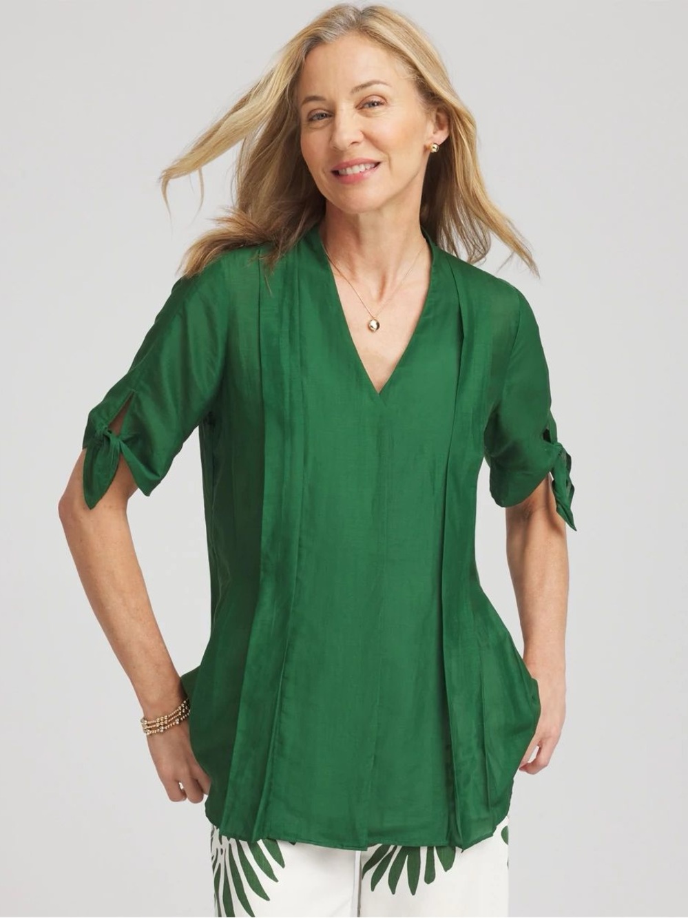 Chico's Emerald Green V-Neck Tie-Sleeve Tunic